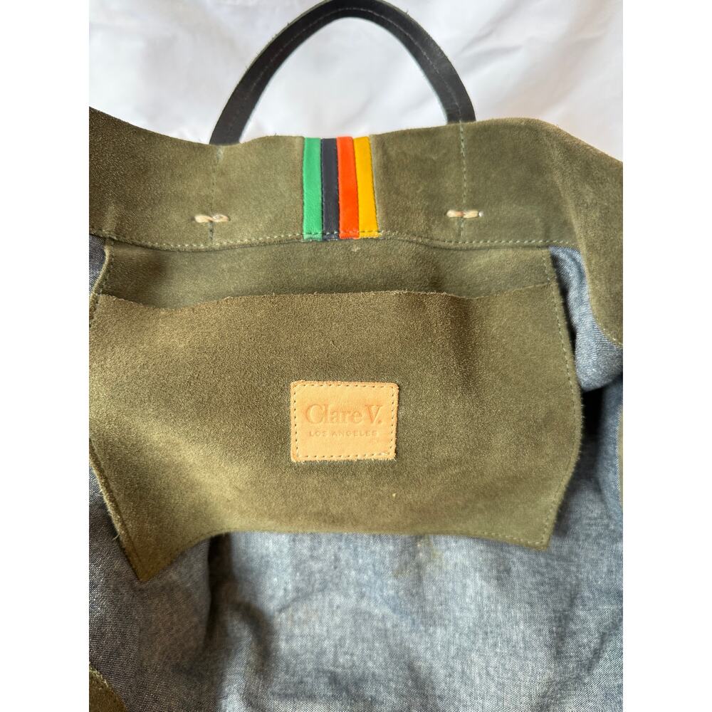 Clare V Large Simple Tote Bag Olive Army Green Suede Multicolor Center Stripe - Picture 9 of 9